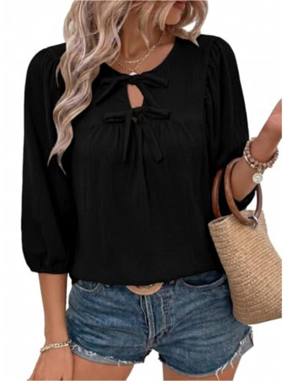 Women's 3/4 Sleeve Blouse Bow Tie Neck Babydoll Top Dressy Casual